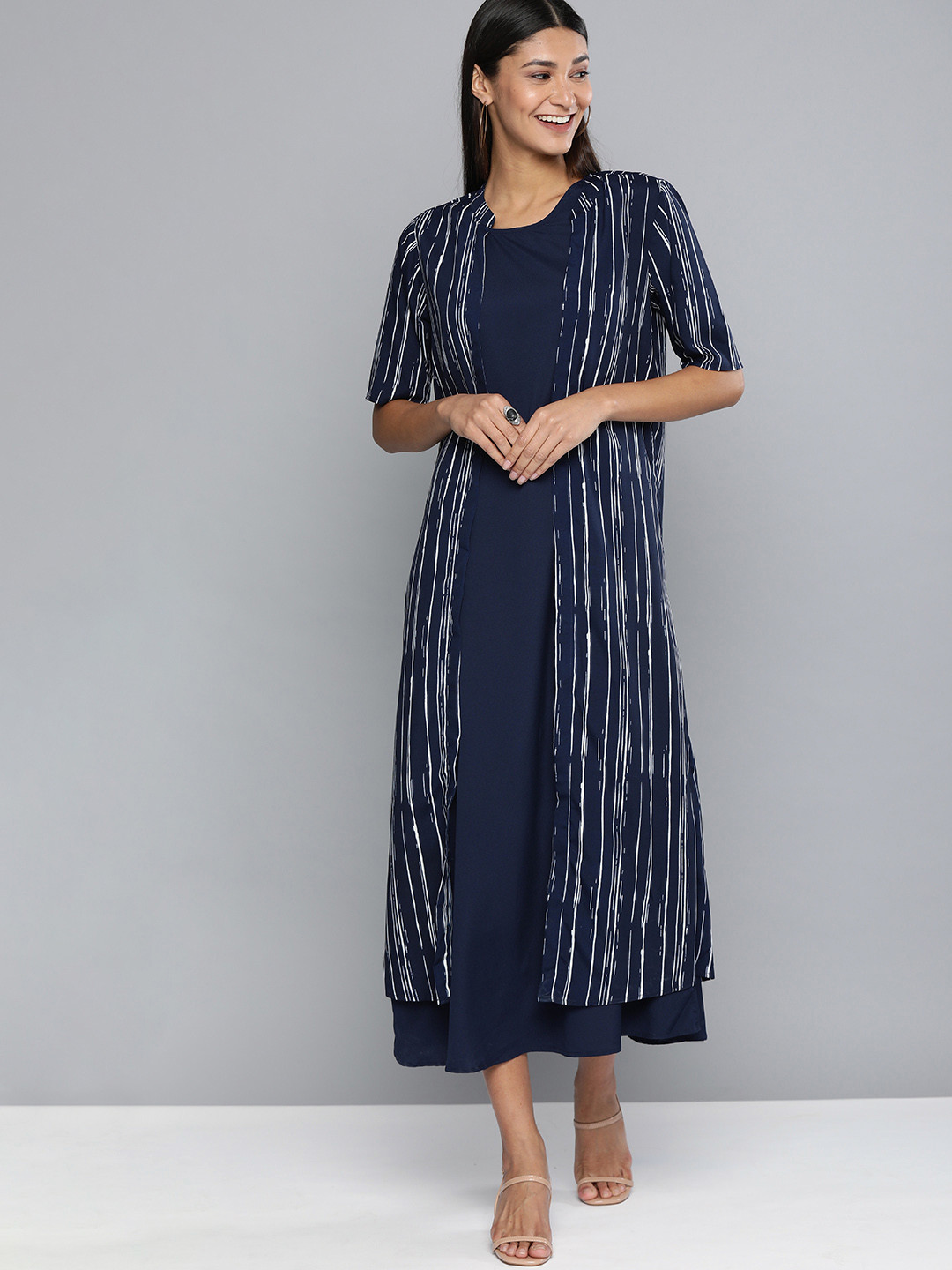 Buy HERE&NOW Women Navy Blue Striped A Line Dress Dresses for Women