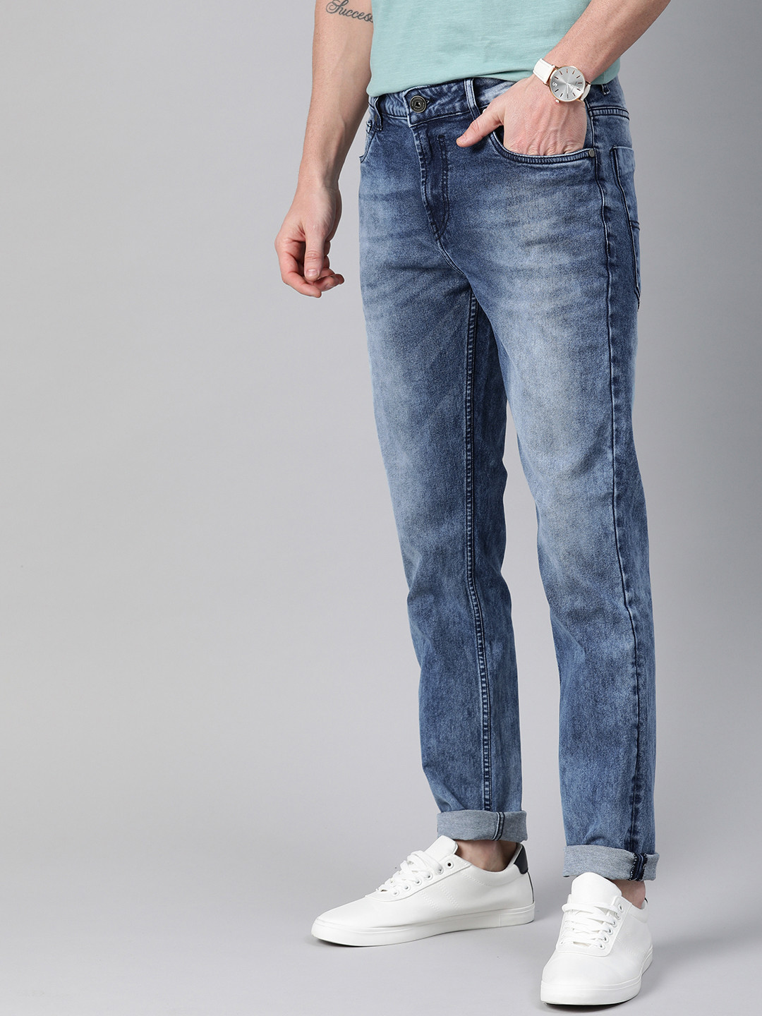 Buy Mast & Harbour Men Blue Slim Fit Mid Rise Clean Look Stretchable