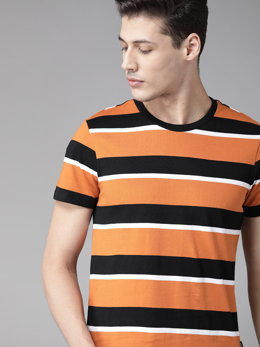 Buy Roadster Men Orange & Black Striped Round Neck T Shirt Tshirts