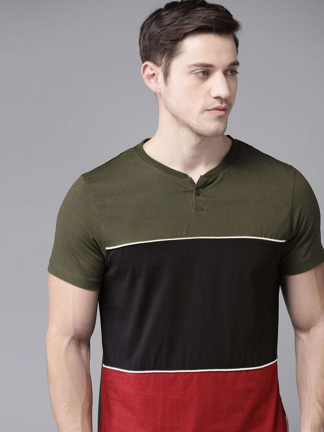 Buy Roadster Men Olive Green & Red Pure Cotton Colourblocked Henley