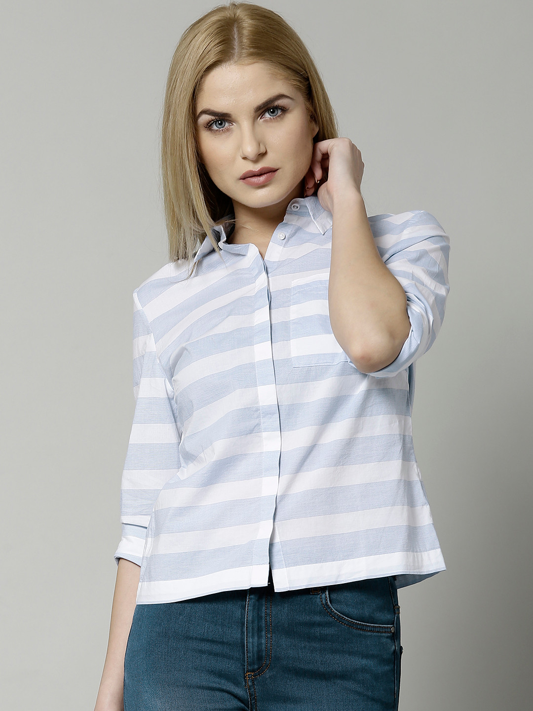 Buy Marks & Spencer Blue Pure Cotton Striped Shirt Shirts for Women