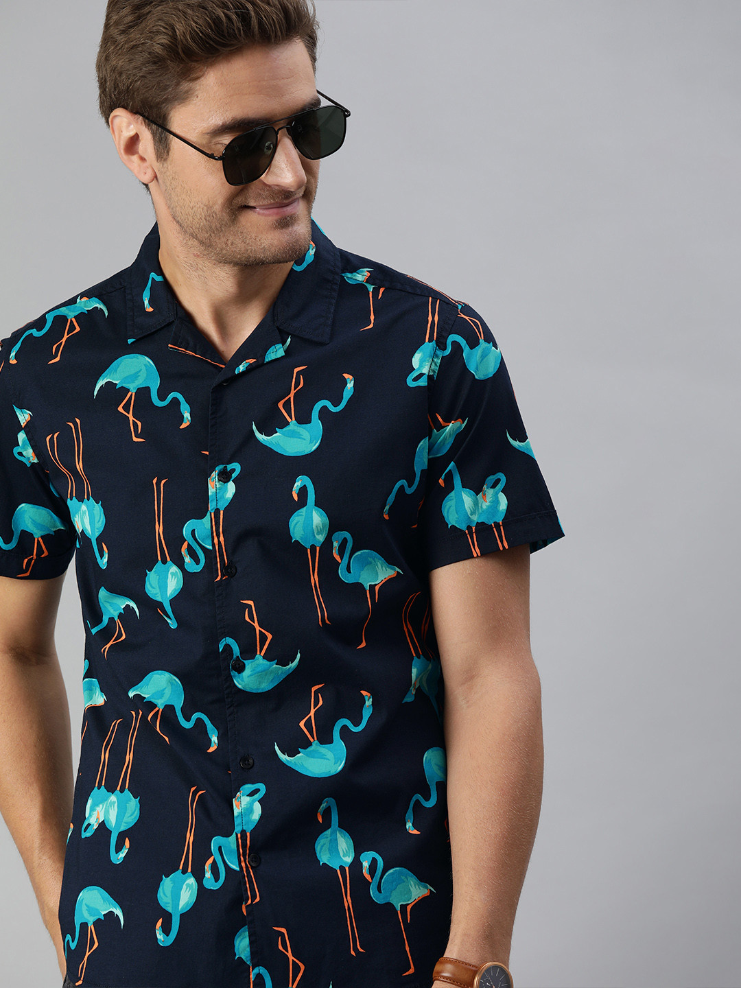 Buy HERE&NOW Men Navy Blue & Orange Regular Fit Printed Casual Shirt