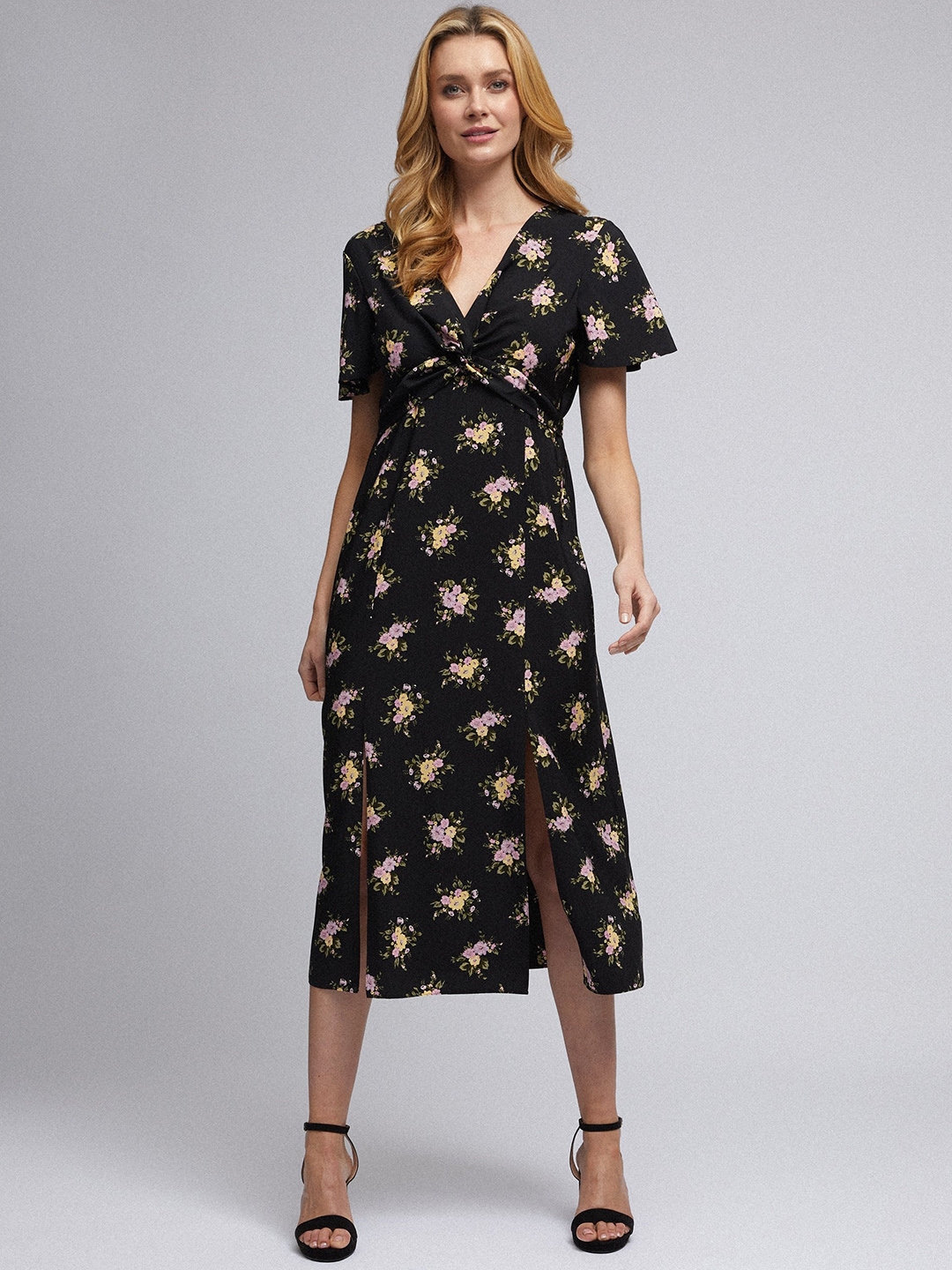 Buy Dorothy Perkins Women Black And Yellow Floral Printed Wrap Dress Dresses For Women 12126014 