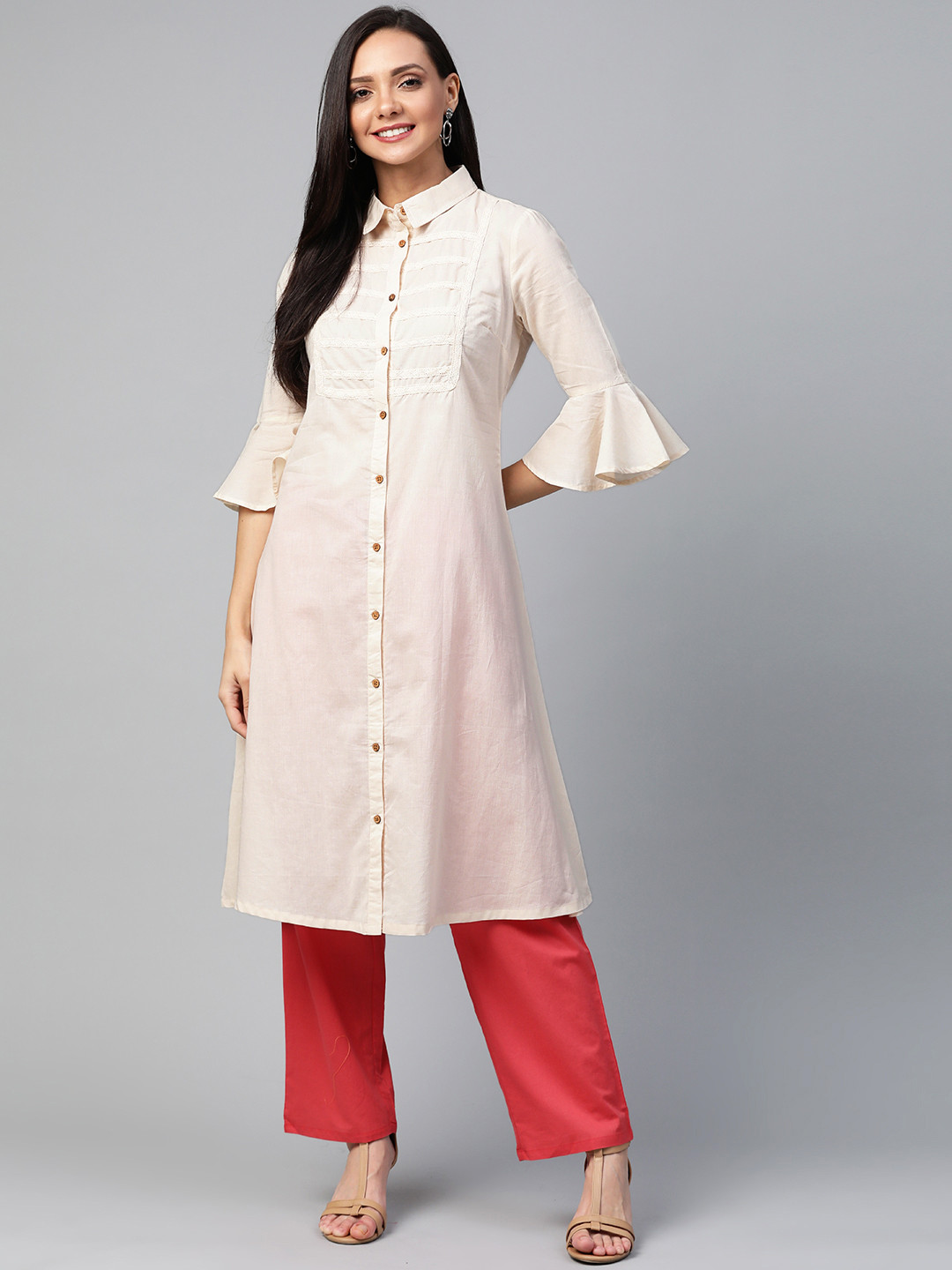 Buy HERE&NOW Women Cream Coloured Lace Detail A Line Kurta Kurtas for