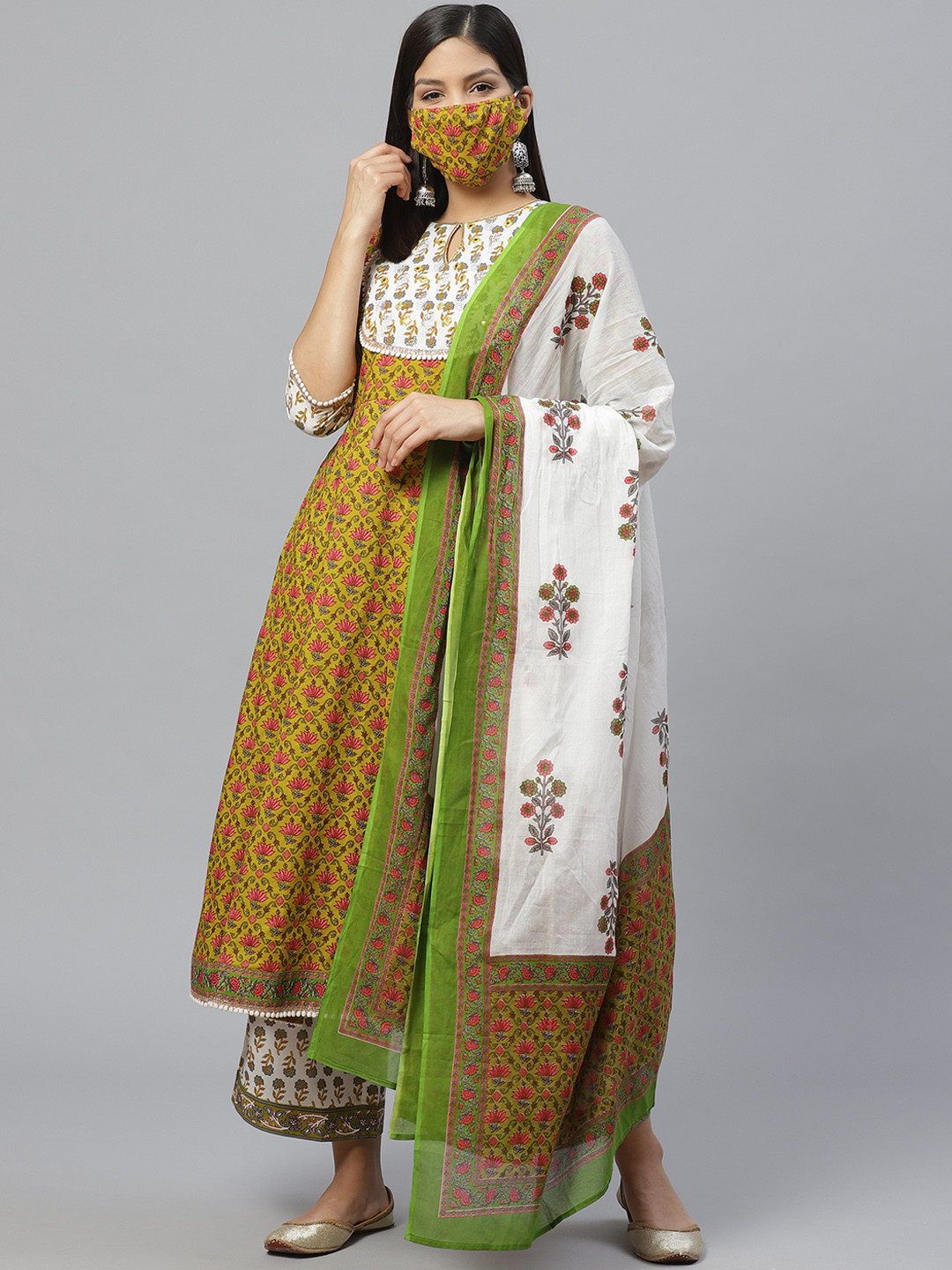 Buy Libas Women Mustard Yellow White Printed Kurta Set With Dupatta