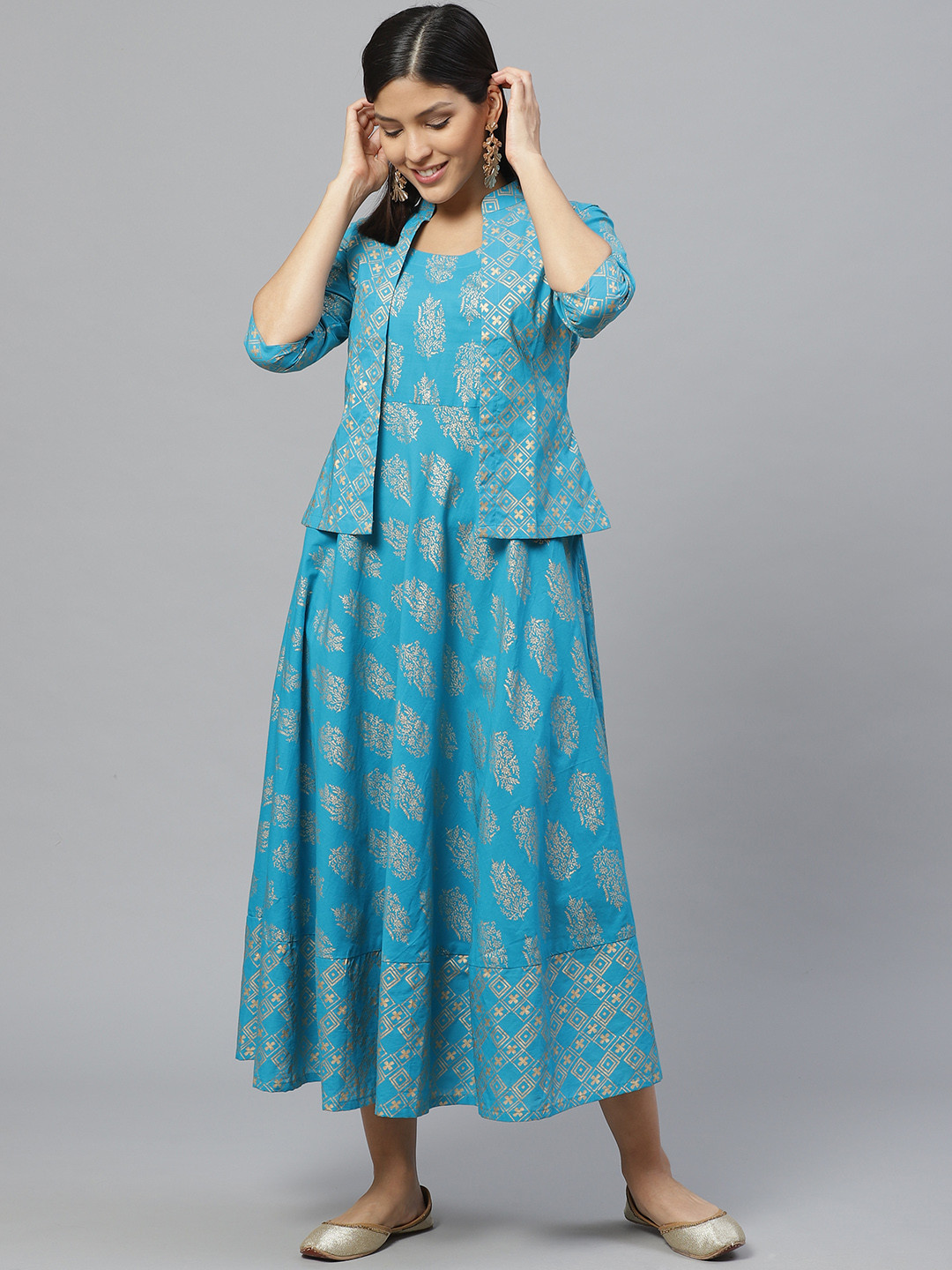 Buy Libas Blue & Golden Ethnic Motifs Printed Maxi Dress With Ethnic