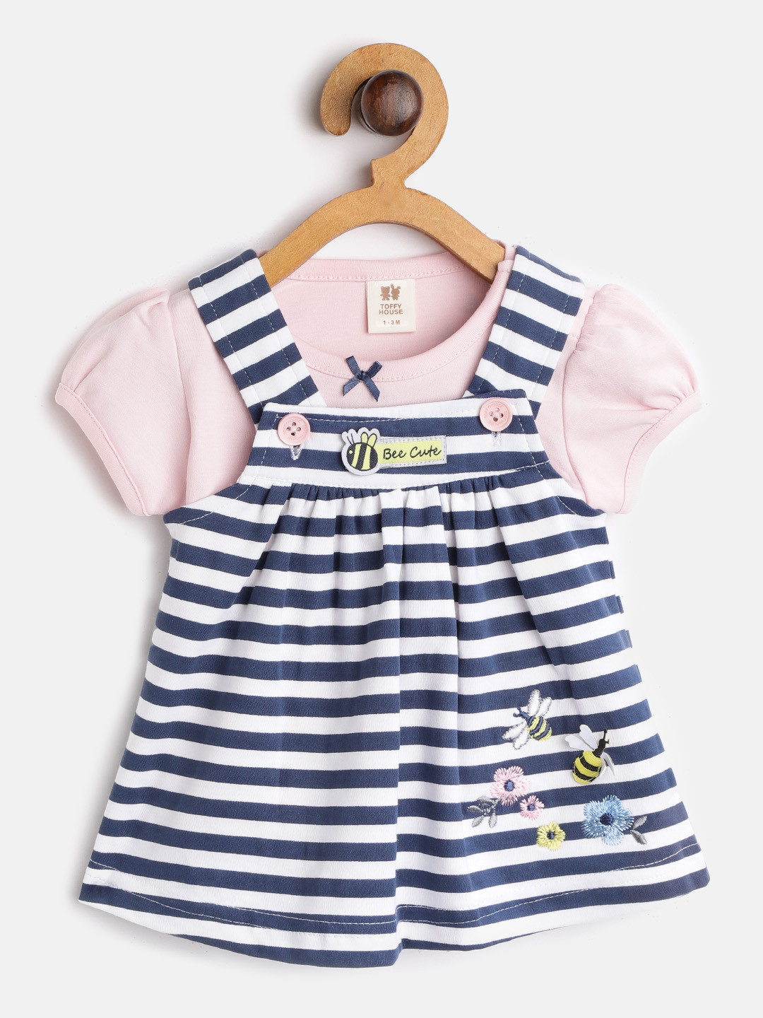 Buy TOFFY HOUSE Girls Navy Blue & White Striped A Line Dress With Pink