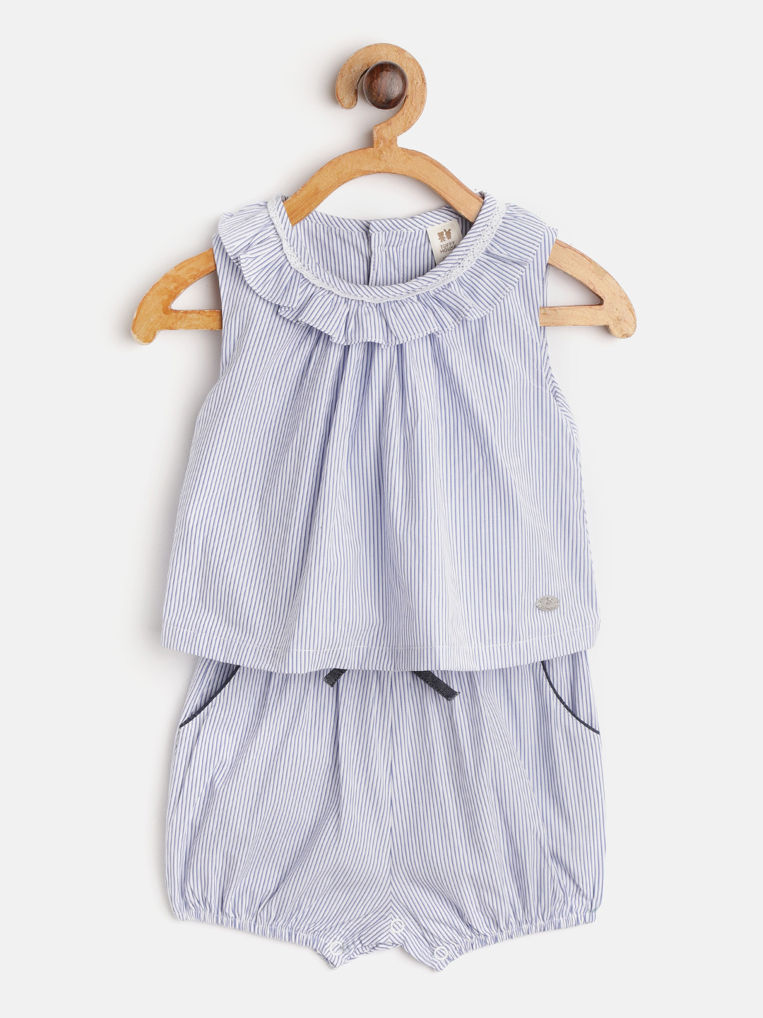 Buy TOFFY HOUSE Girls White & Navy Blue Striped Layered Rompers