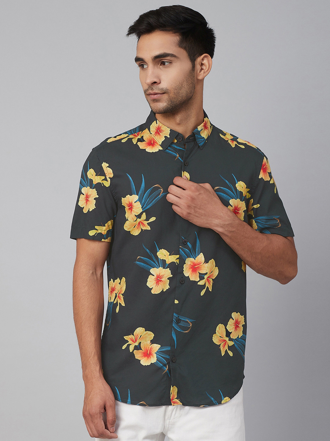 Buy Marks & Spencer Men Navy Blue & Yellow Regular Fit Floral Printed