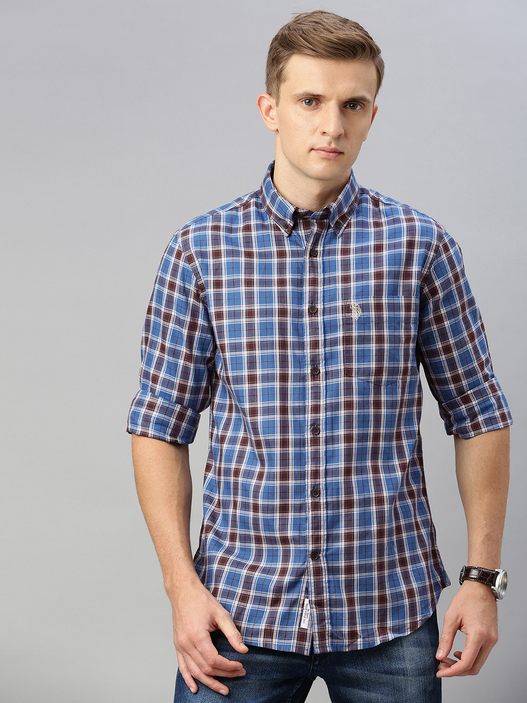 Buy U.S. Polo Assn. Men Blue & Brown Tailored Fit Checked Casual Shirt