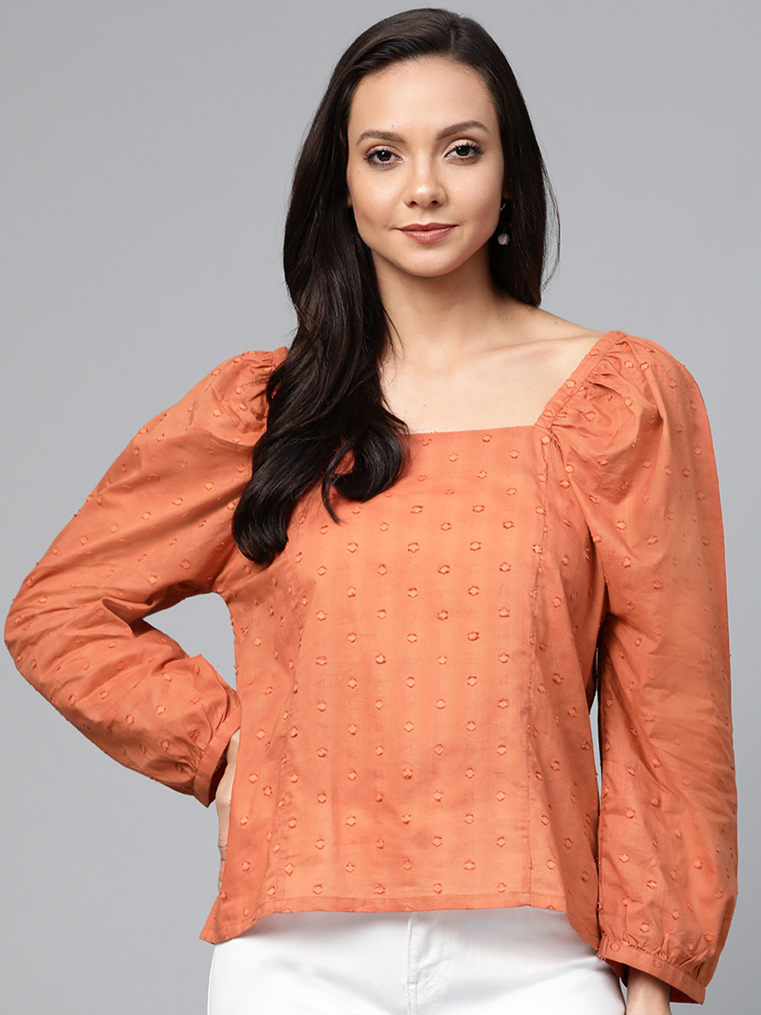 Women Rust Self-design Top With Skirt main image 0