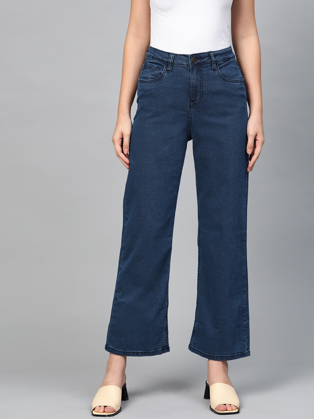 Buy Metronaut Women Navy Blue Wide Leg Mid Rise Clean Look Jeans ...