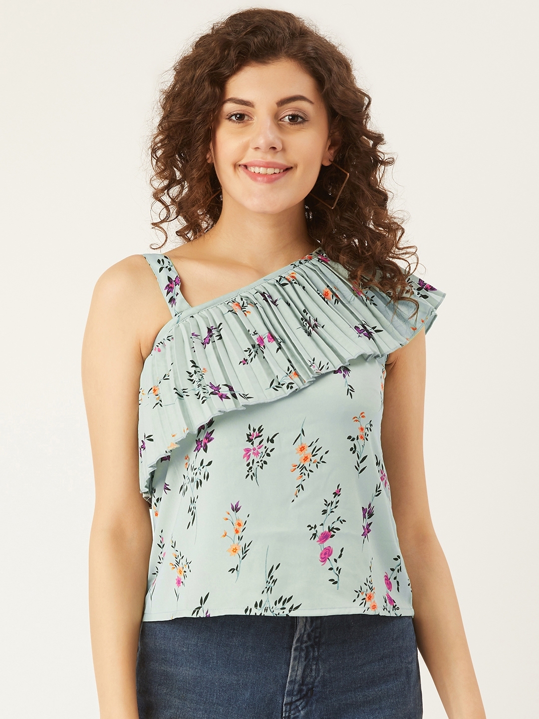 Buy U&F Women Turquoise Blue Floral Print One Shoulder Top - Tops for ...