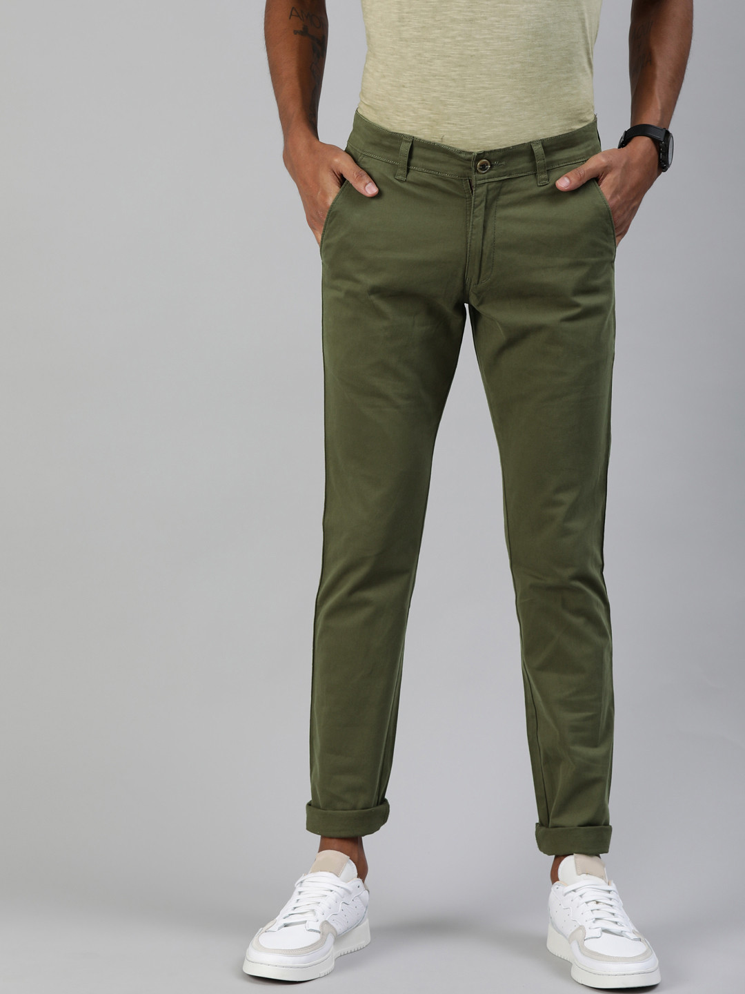 Buy Urbano Fashion Men Olive Green Slim Fit Solid Regular Trousers ...