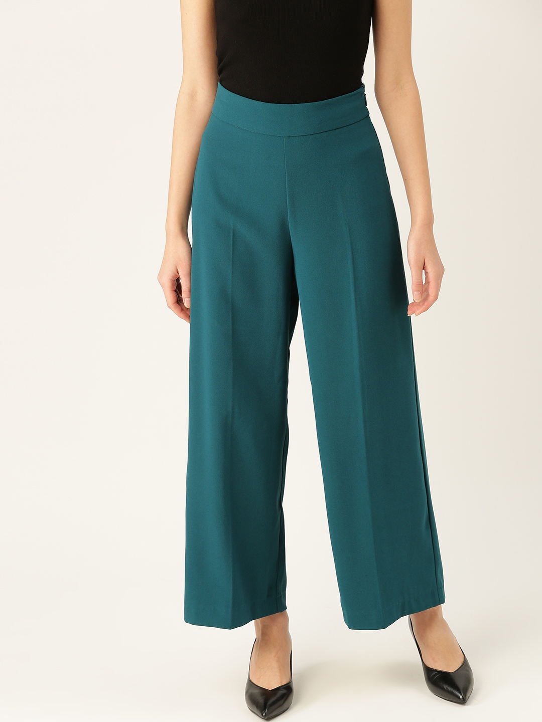 Buy COVER STORY Women Teal Blue Regular Fit Solid Parallel Trousers ...