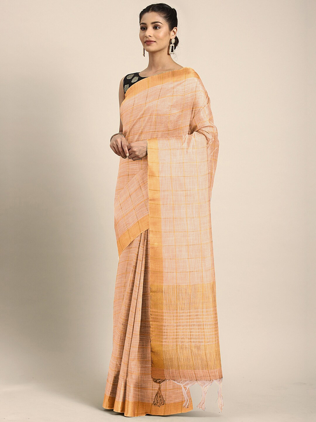 Buy The Chennai Silks Peach Coloured Linen Blend Checked Maheshwari