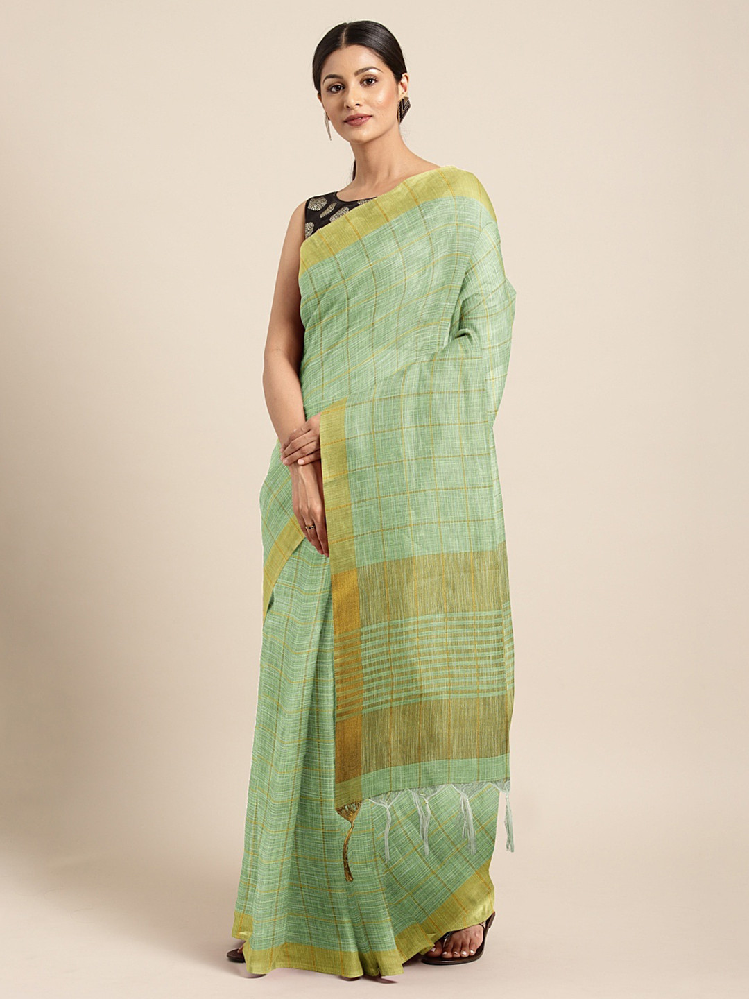 Buy The Chennai Silks Green & Golden Linen Blend Checked Maheshwari