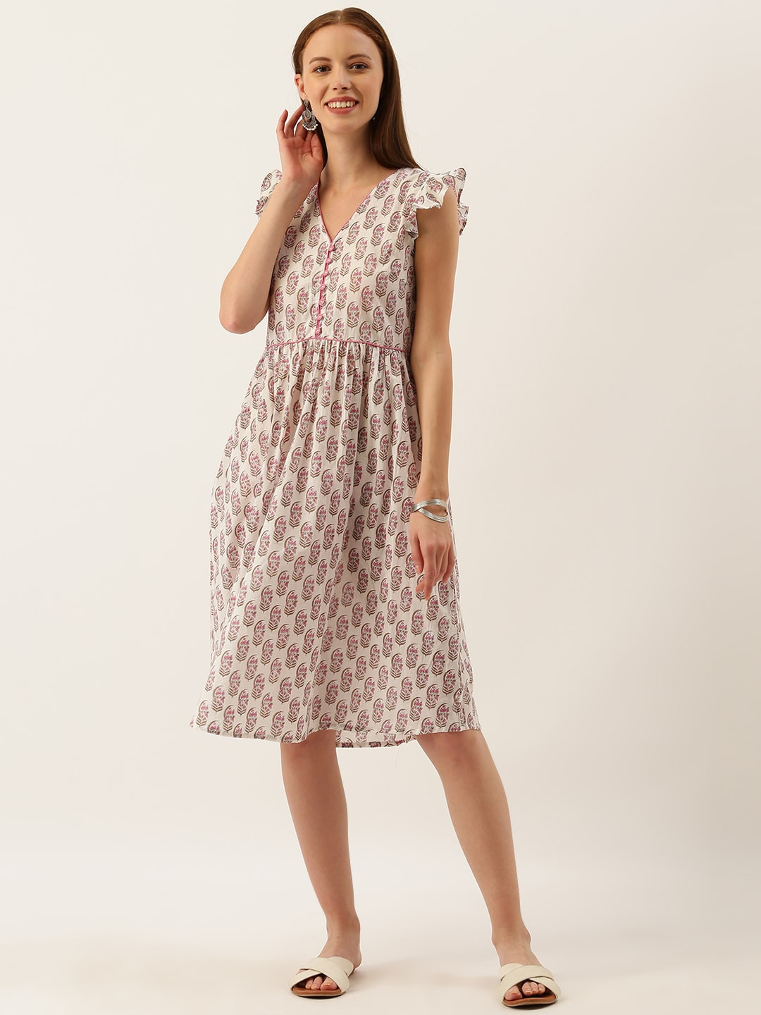 White with Pink Flower - Sanganeri Block Printed Cotton Flared Dress