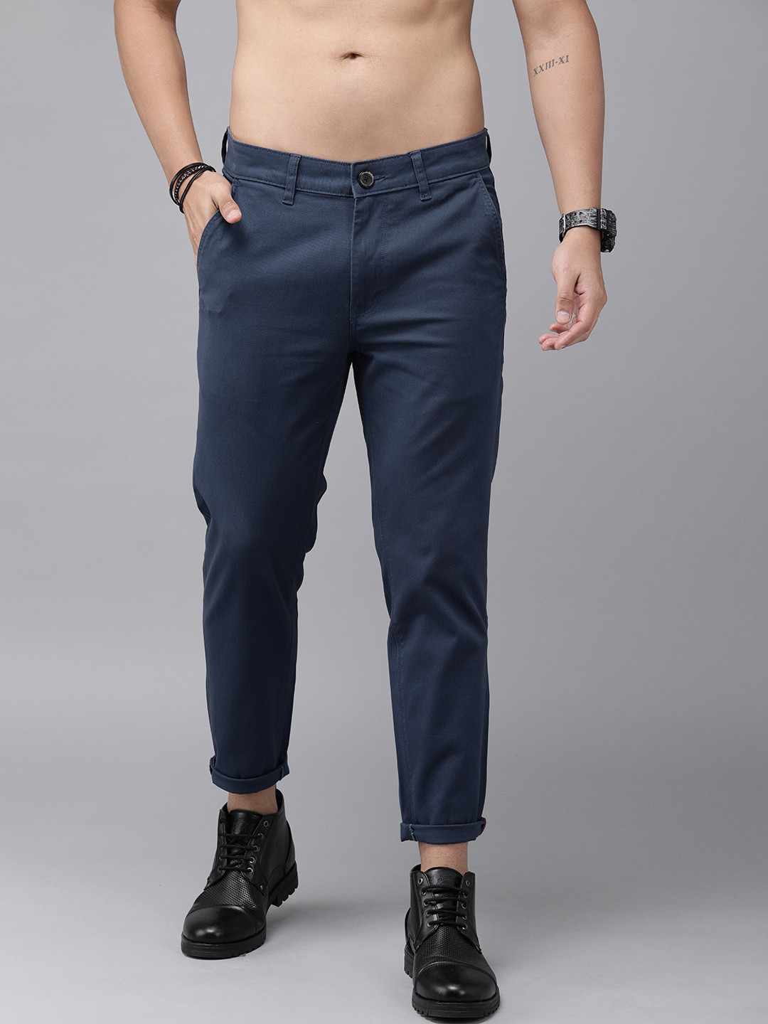Buy Roadster Men Navy Blue Slim Fit Solid Chinos - Trousers for Men ...