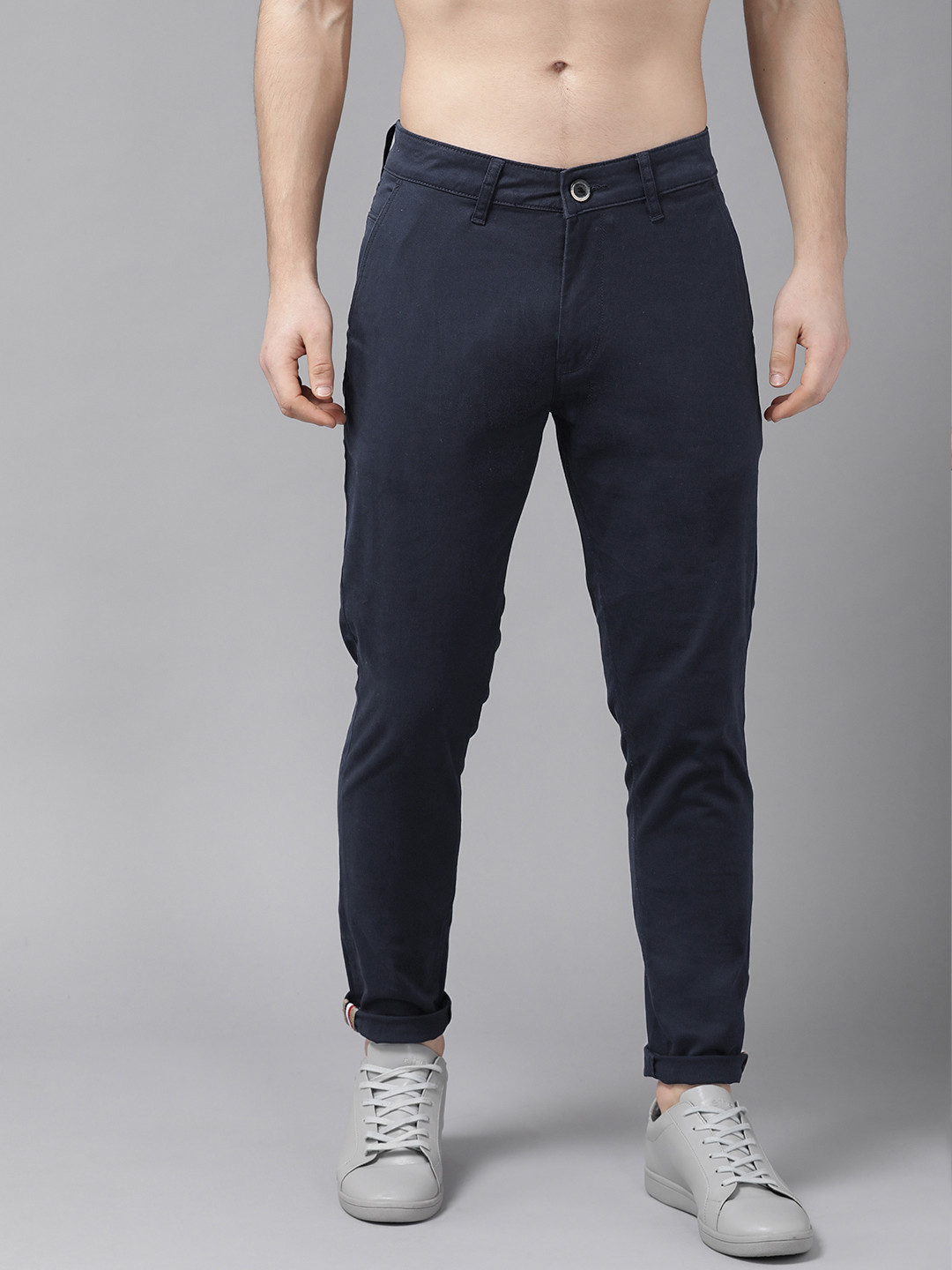 Buy Roadster Men Navy Blue Tapered Slim Fit Solid Chinos - Trousers for ...