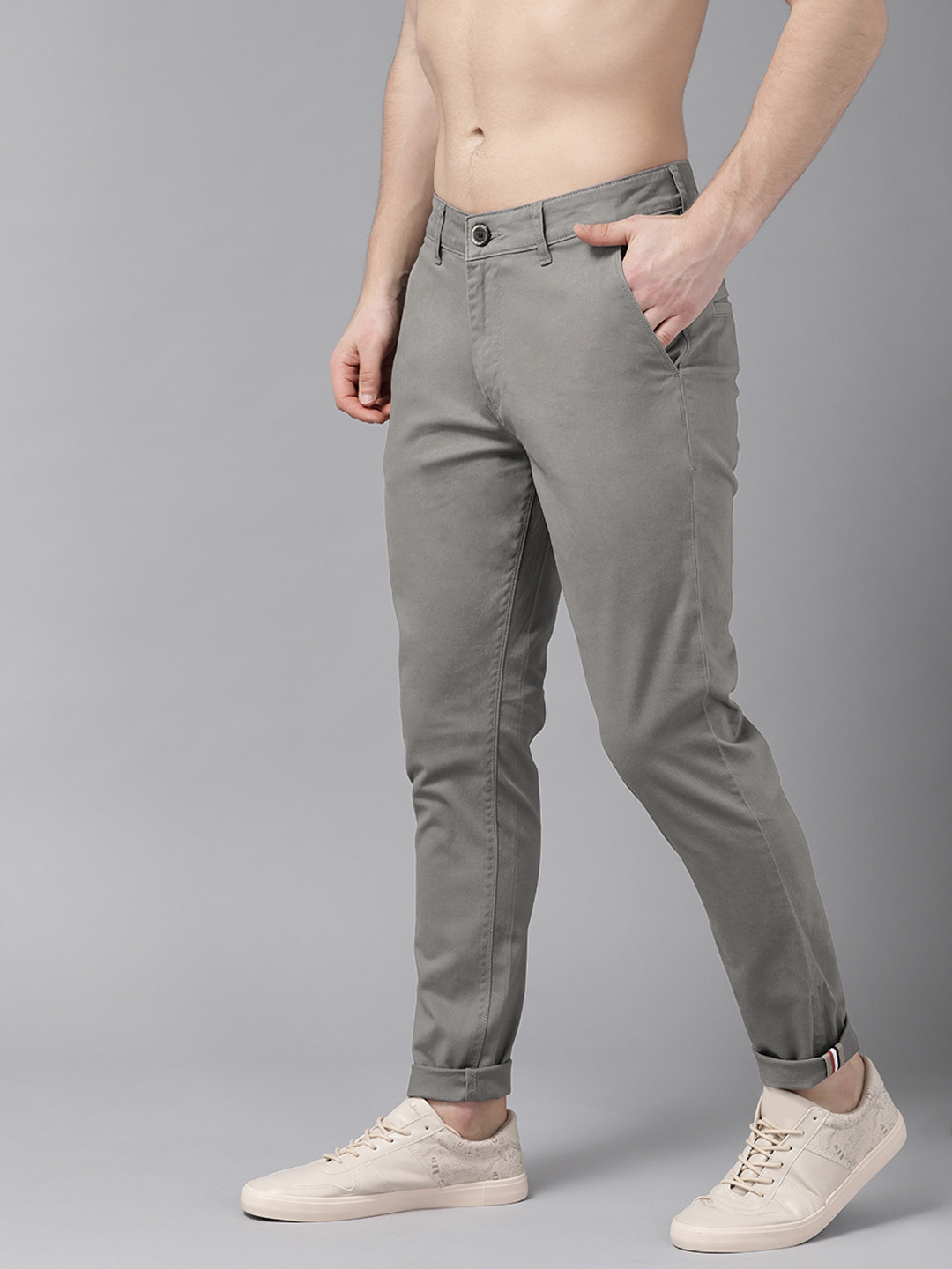 Buy Roadster Men Grey Tapered Slim Fit Solid Chinos - Trousers for Men ...