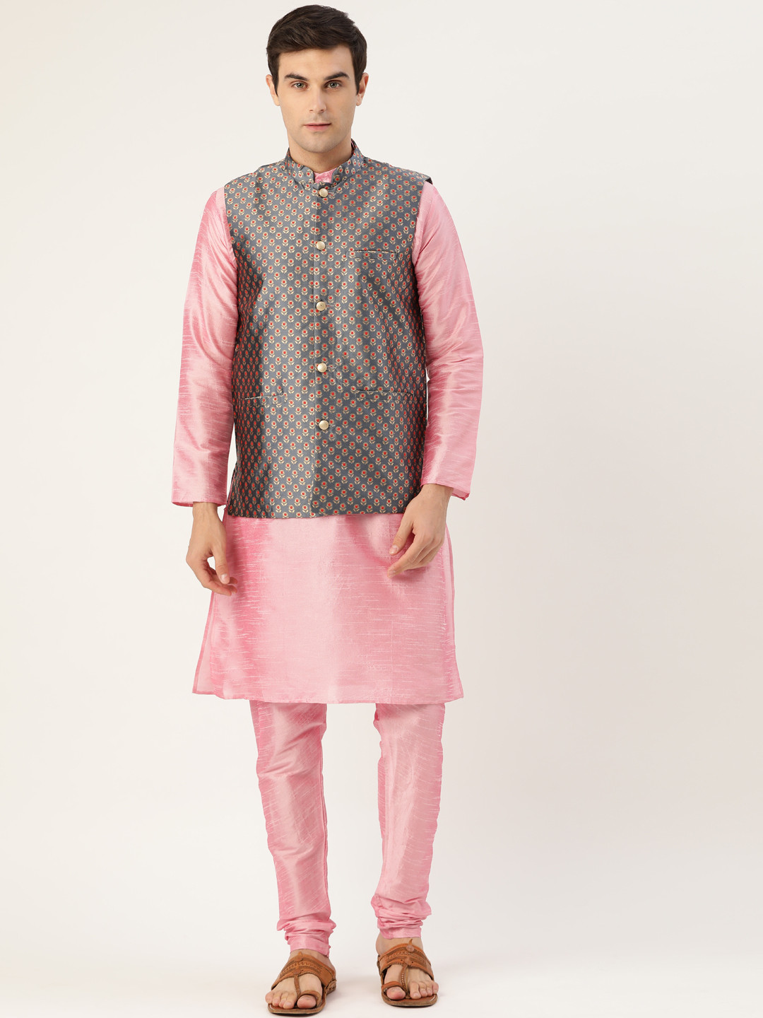 Buy SOJANYA Men Pink & Charcoal Grey Solid Kurta With Churidar & Nehru