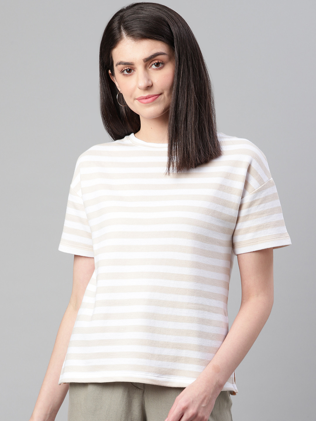 Buy Marks Spencer Women Off White Beige Striped Round Neck Pure Cotton