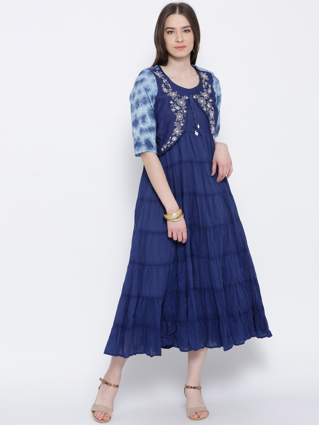 Buy BIBA Navy Tiered Midi Dress With Ethnic Jacket Dresses for Women