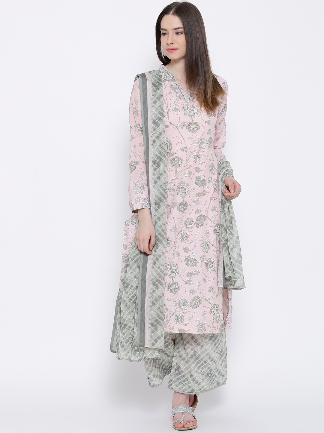 Buy BIBA Pink & Grey Printed Kurta With Palazzo Trousers & Dupatta