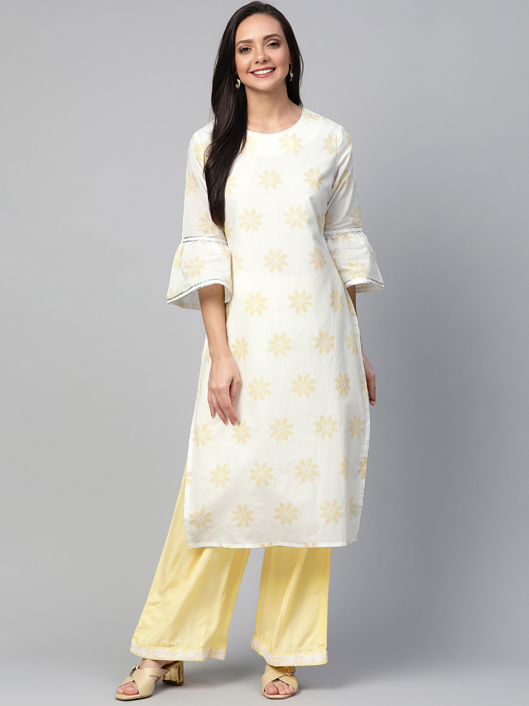 Women Off-White & Yellow Printed Kurta With Trousers