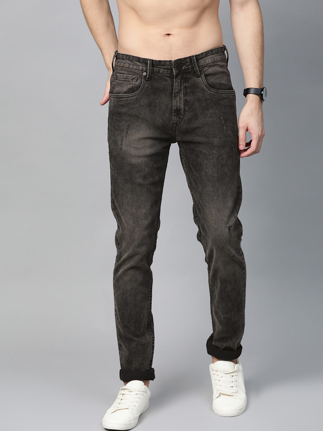 Buy HERE&NOW Men Charcoal Grey Slim Fit Mid Rise Clean Look Stretchable