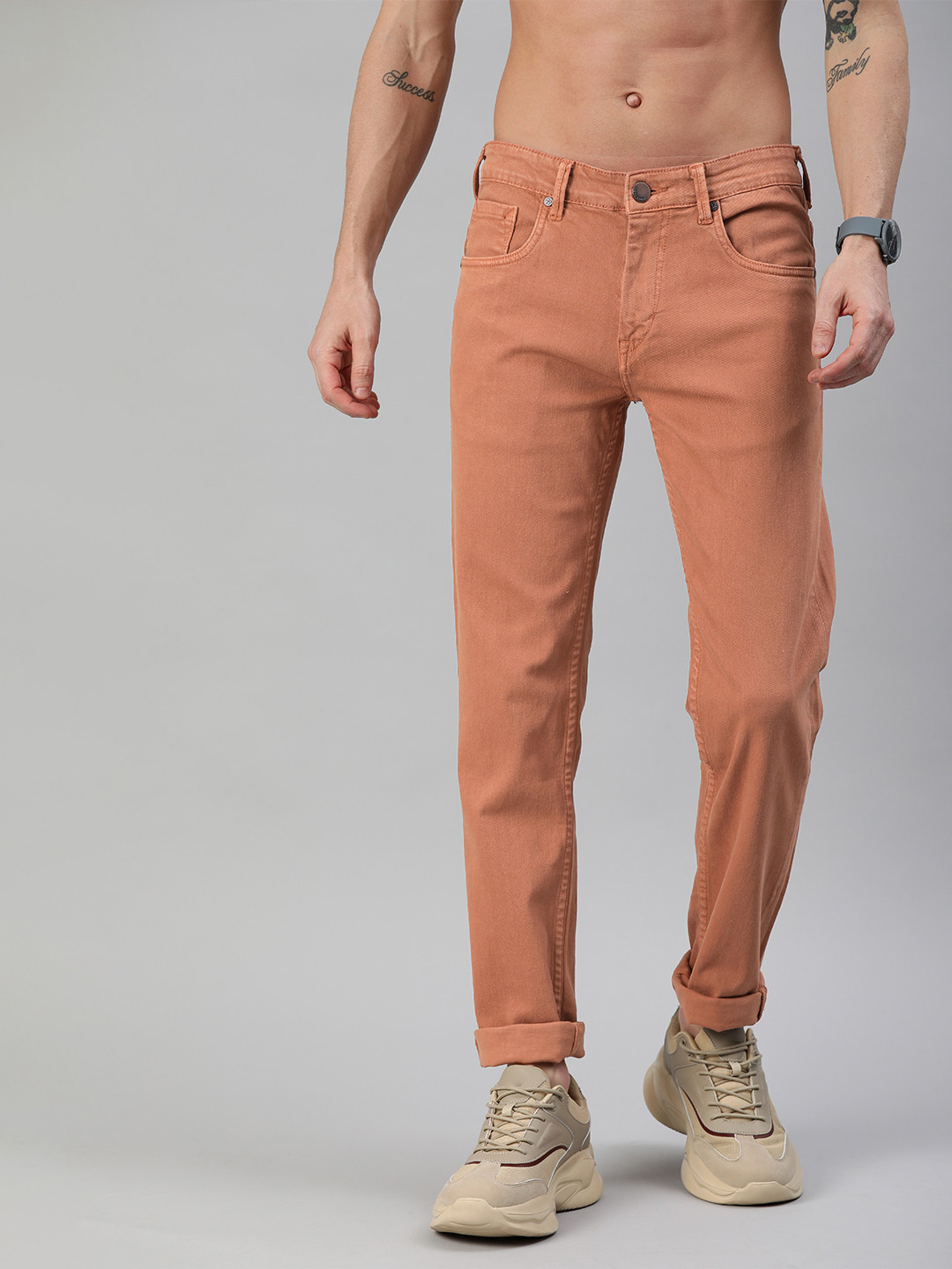 Buy HERE&NOW Men Orange Slim Fit Mid Rise Clean Look Stretchable Jeans
