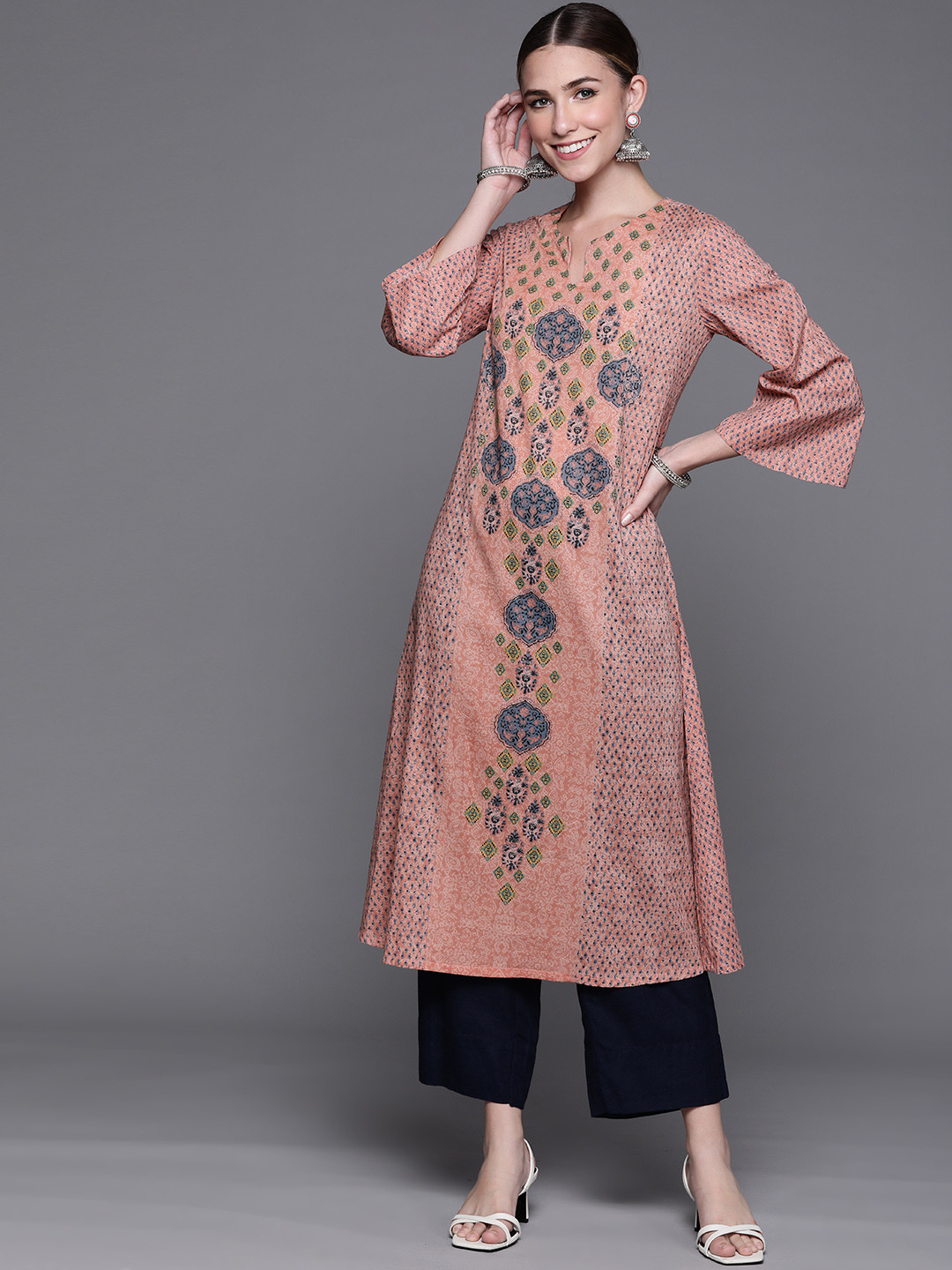 Buy Biba Women Pink & Blue Ethnic Motifs Cotton Printed Kurta Kurtas