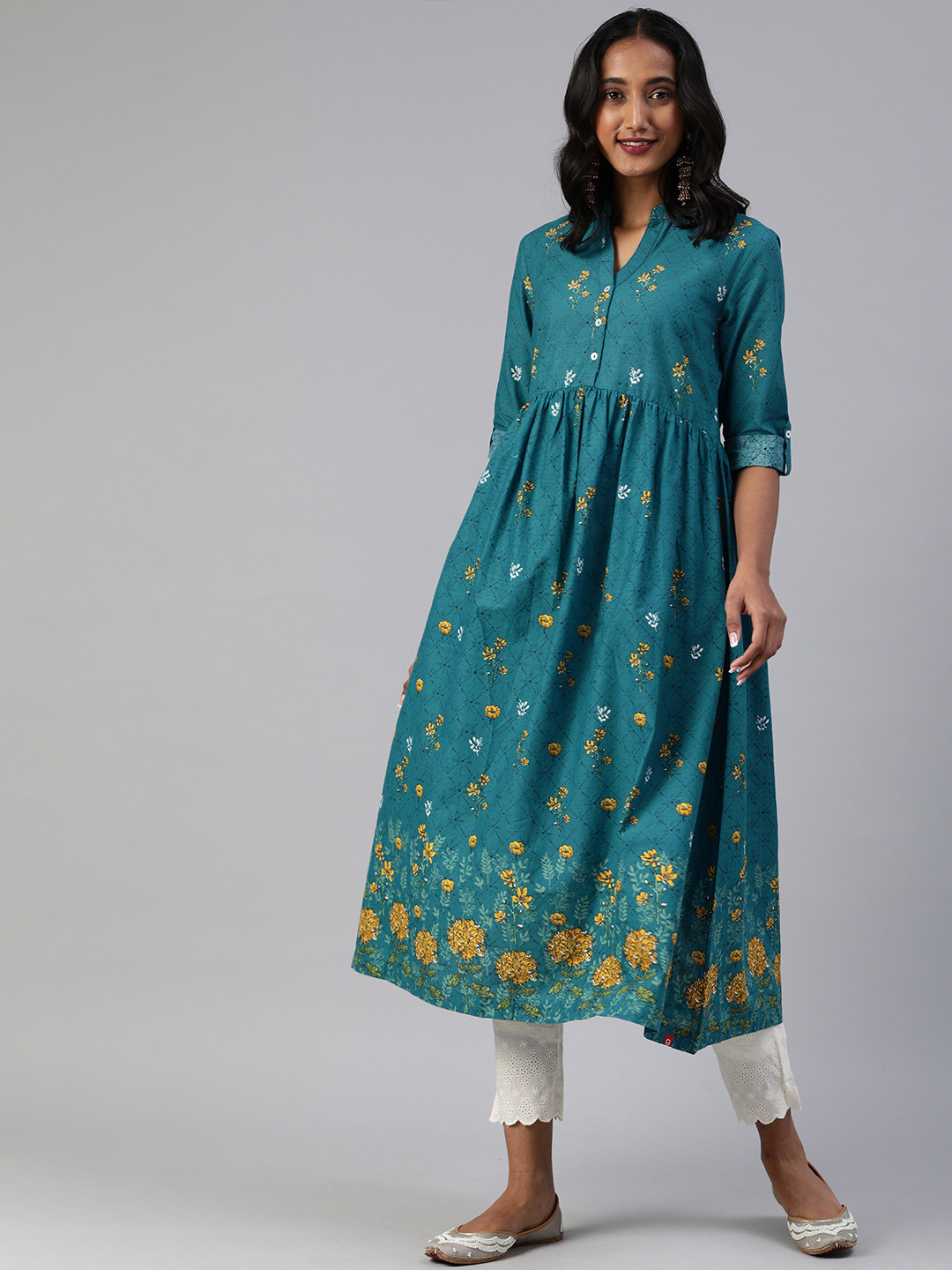 Buy Biba Women Teal Blue & Yellow Floral Printed Gathered A Line Kurta