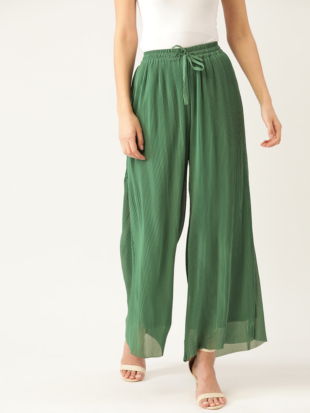 Buy DressBerry Women Green Flared Solid High Rise Accordion Pleated ...