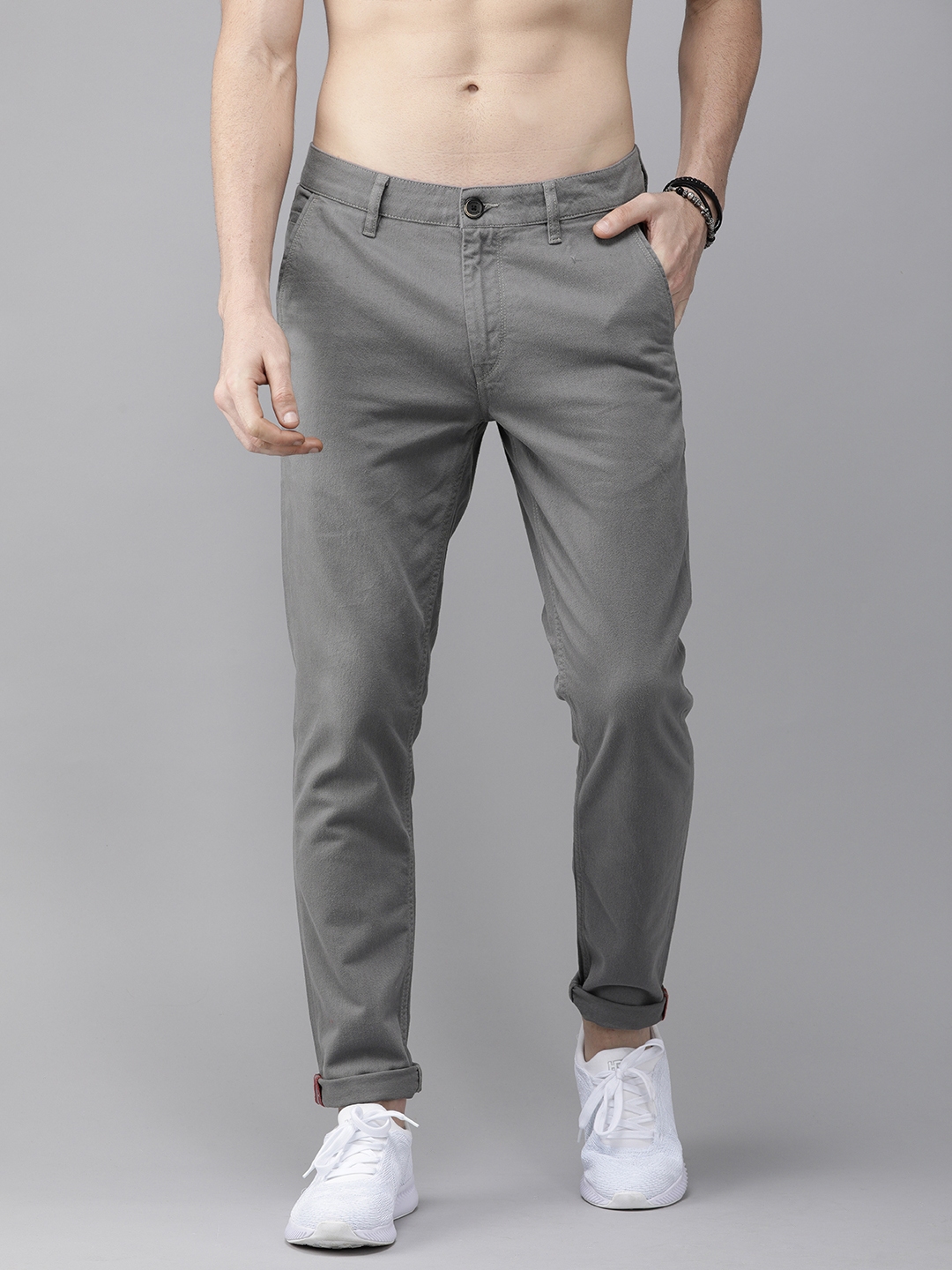 Buy Roadster Men Grey Slim Fit Solid Chinos - Trousers for Men 12187608 ...