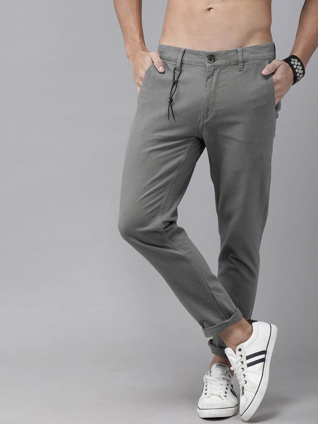 Buy Roadster Men Grey Slim Fit Pure Cotton Chinos - Trousers for Men ...