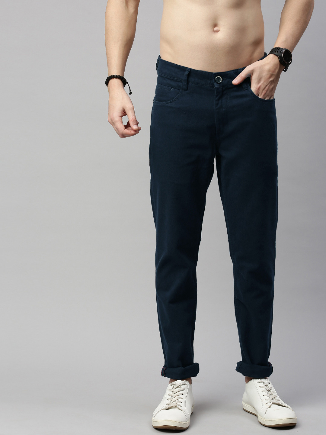Buy Roadster Men Navy Blue Slim Fit Solid Chinos Trousers for Men