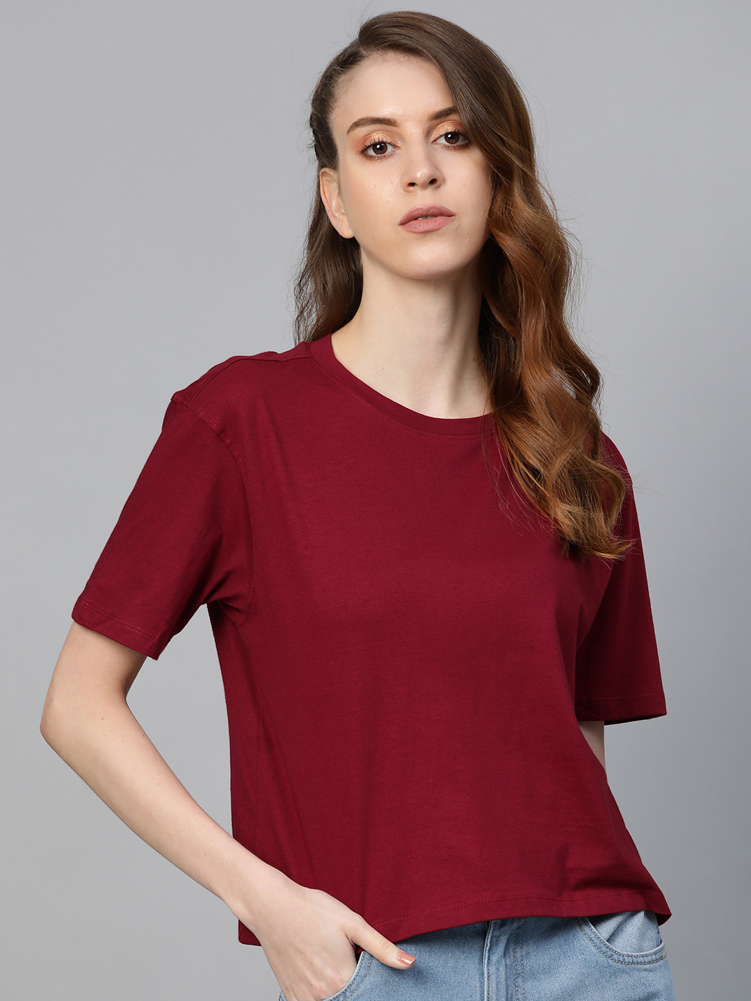 Buy Roadster Women Maroon Solid Round Neck T Shirt Tshirts for Women