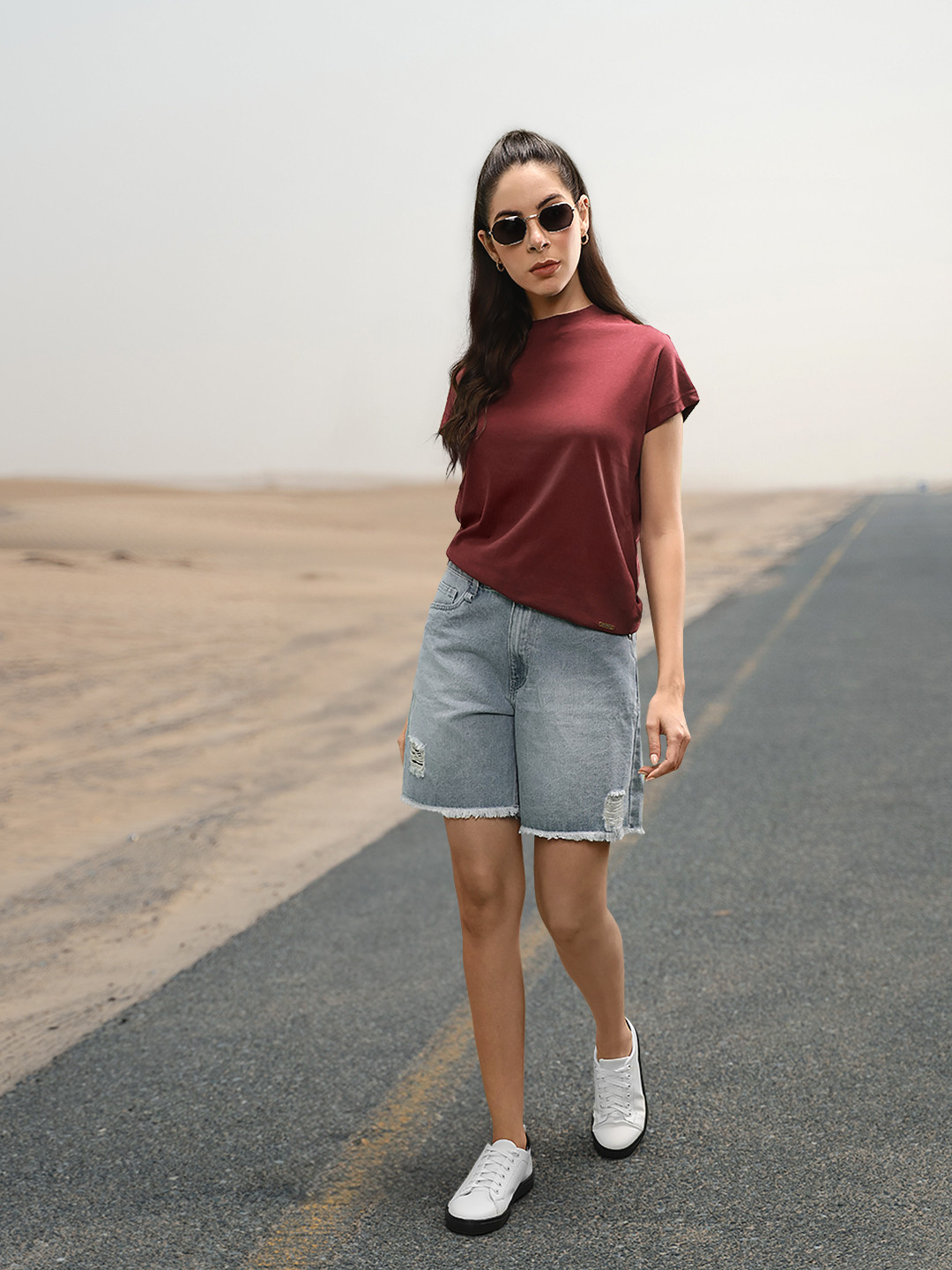 Women's Burgundy Typography Printed Round Neck Cotton Slim Fit T-Shirt
