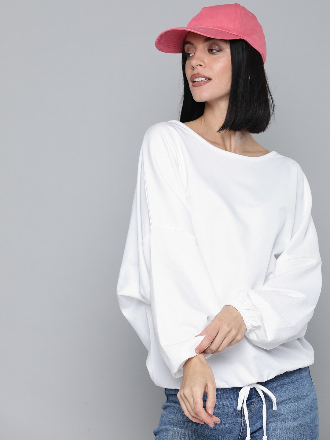 white sweatshirt and sweatpants
