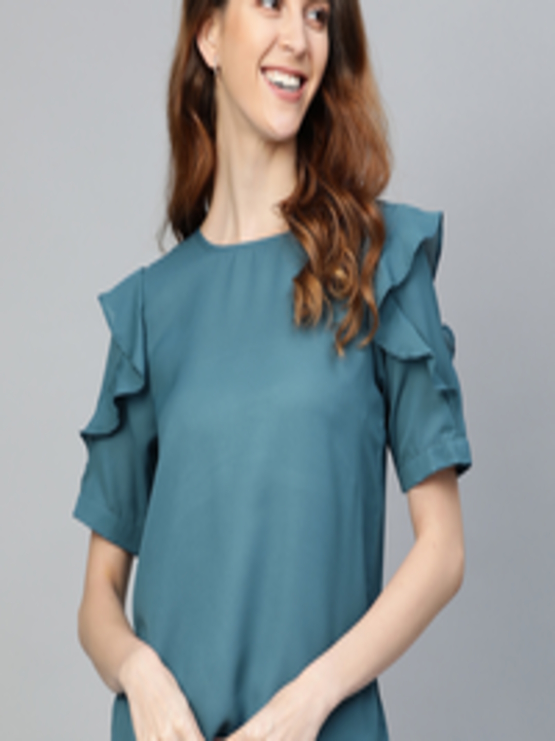 Buy Mast & Harbour Women Teal Blue Ruffled Solid Top - Tops for Women ...