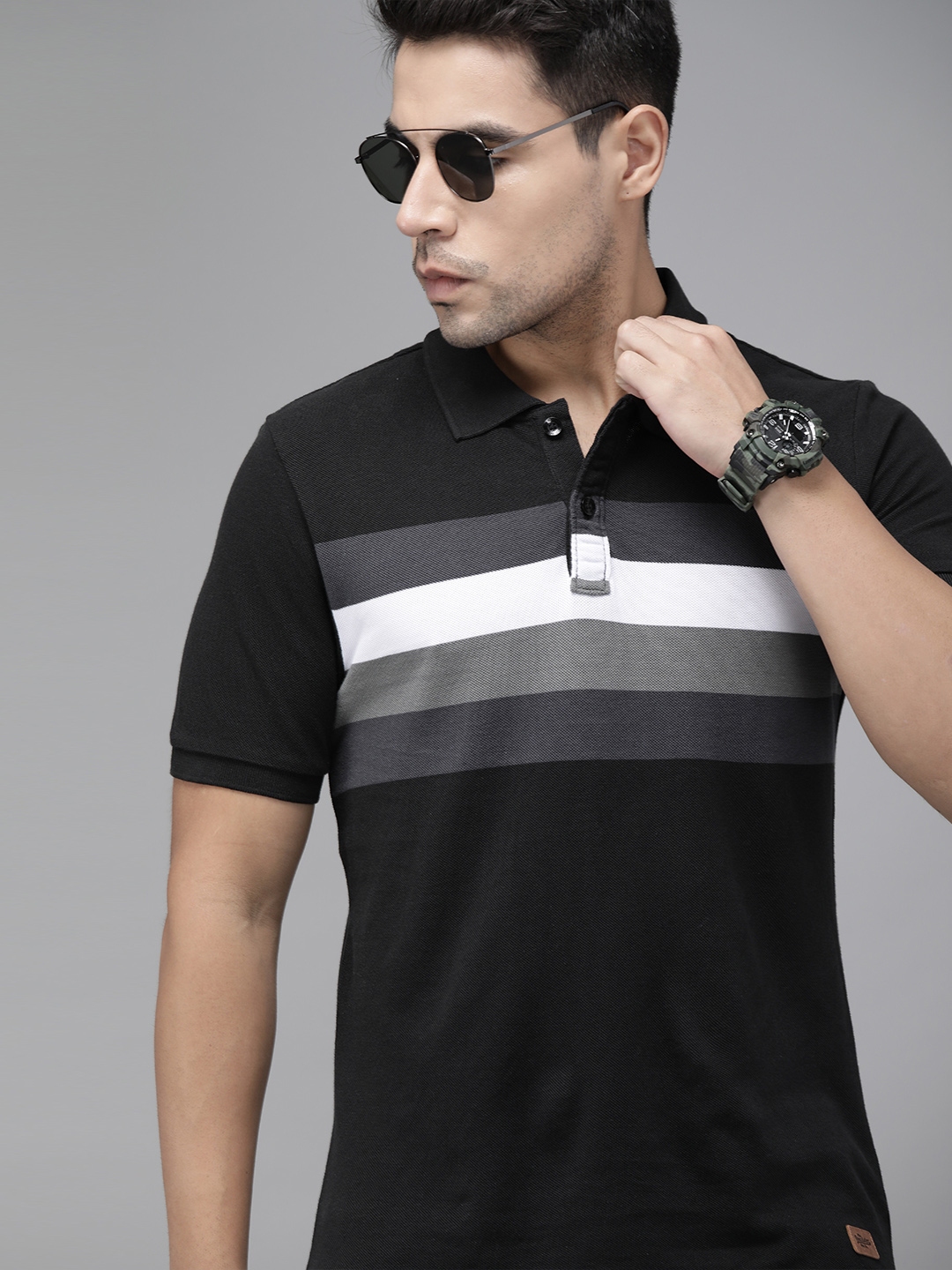 Buy Roadster Men Black Grey Striped Polo Collar Pure Cotton T Shirt 