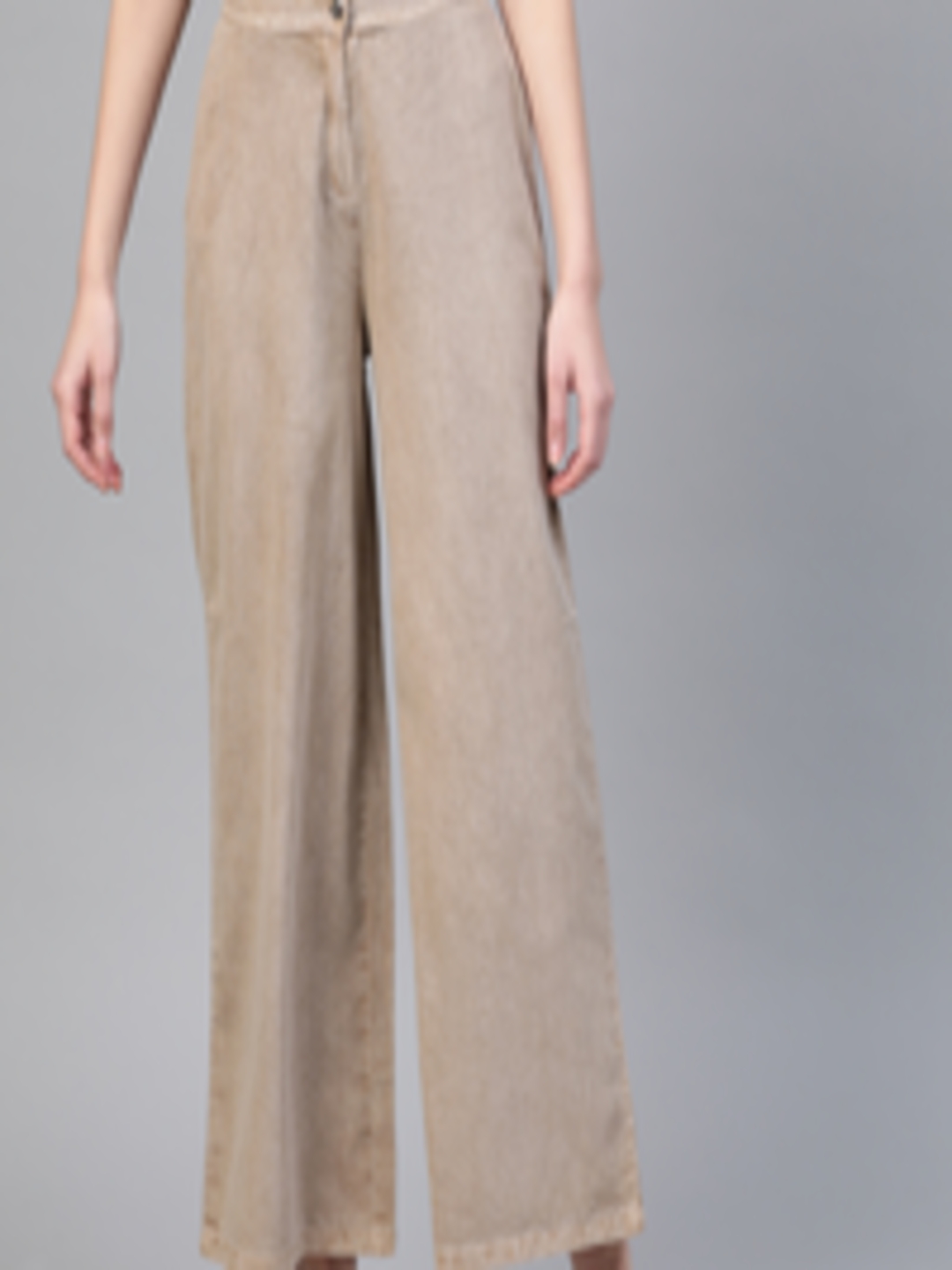 Buy SASSAFRAS Women Beige Regular Fit Solid Denim Parallel Trousers