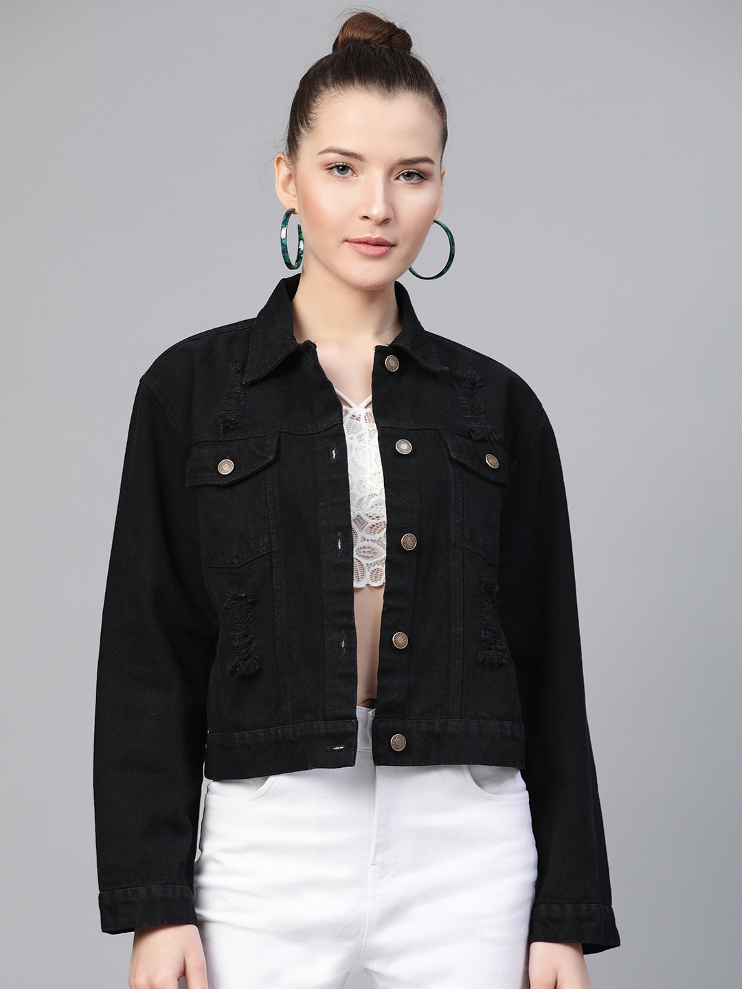 Buy SASSAFRAS Women Black Distressed Solid Denim Jacket - Jackets for ...