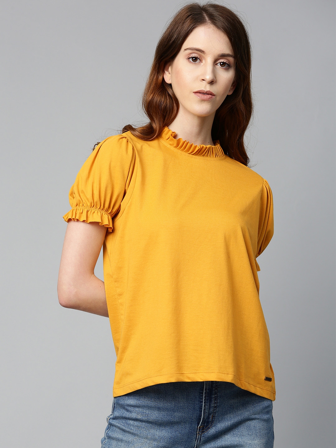 Buy Roadster Women Mustard Solid Top With Ruffle Detail - Tops for ...
