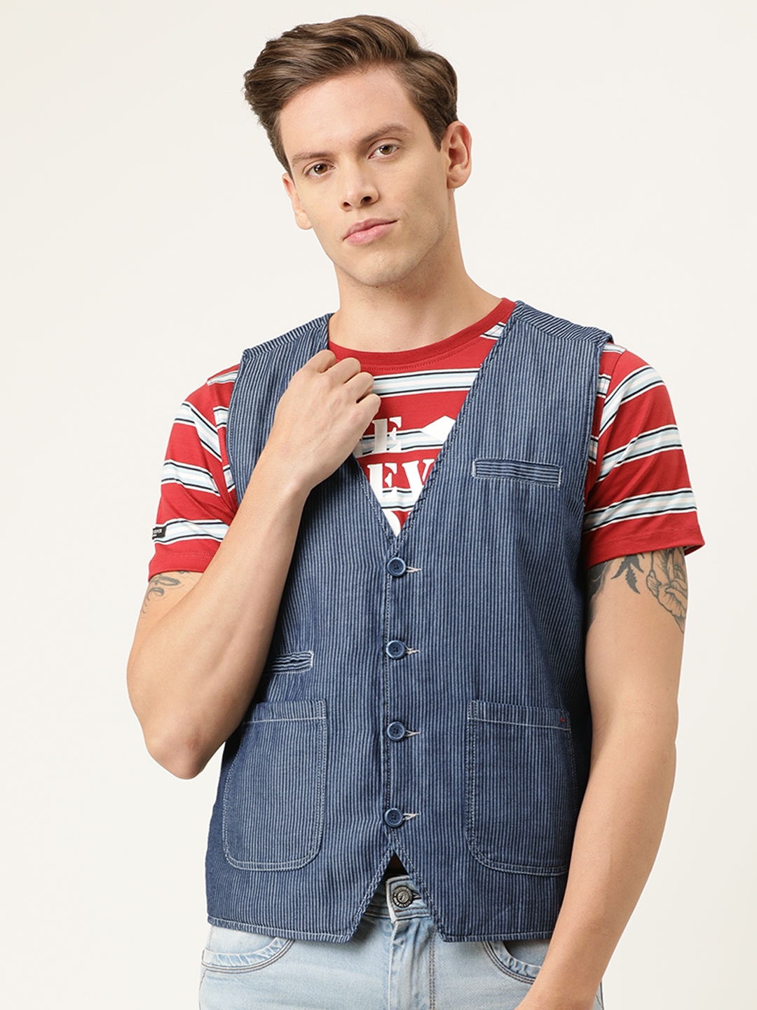 Buy Lee Cooper Men Blue Striped Denim Vest Jacket - Jackets for Men 12231554 | Myntra