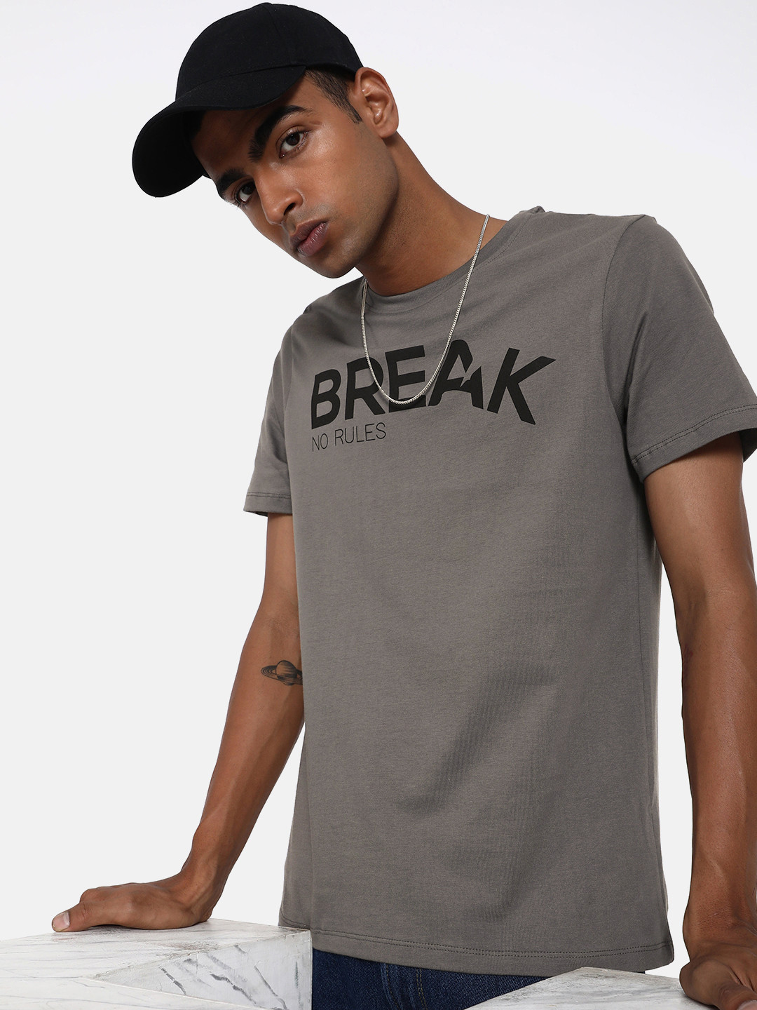 Men's Typography Grey Graphic Printed Round Neck T-Shirt