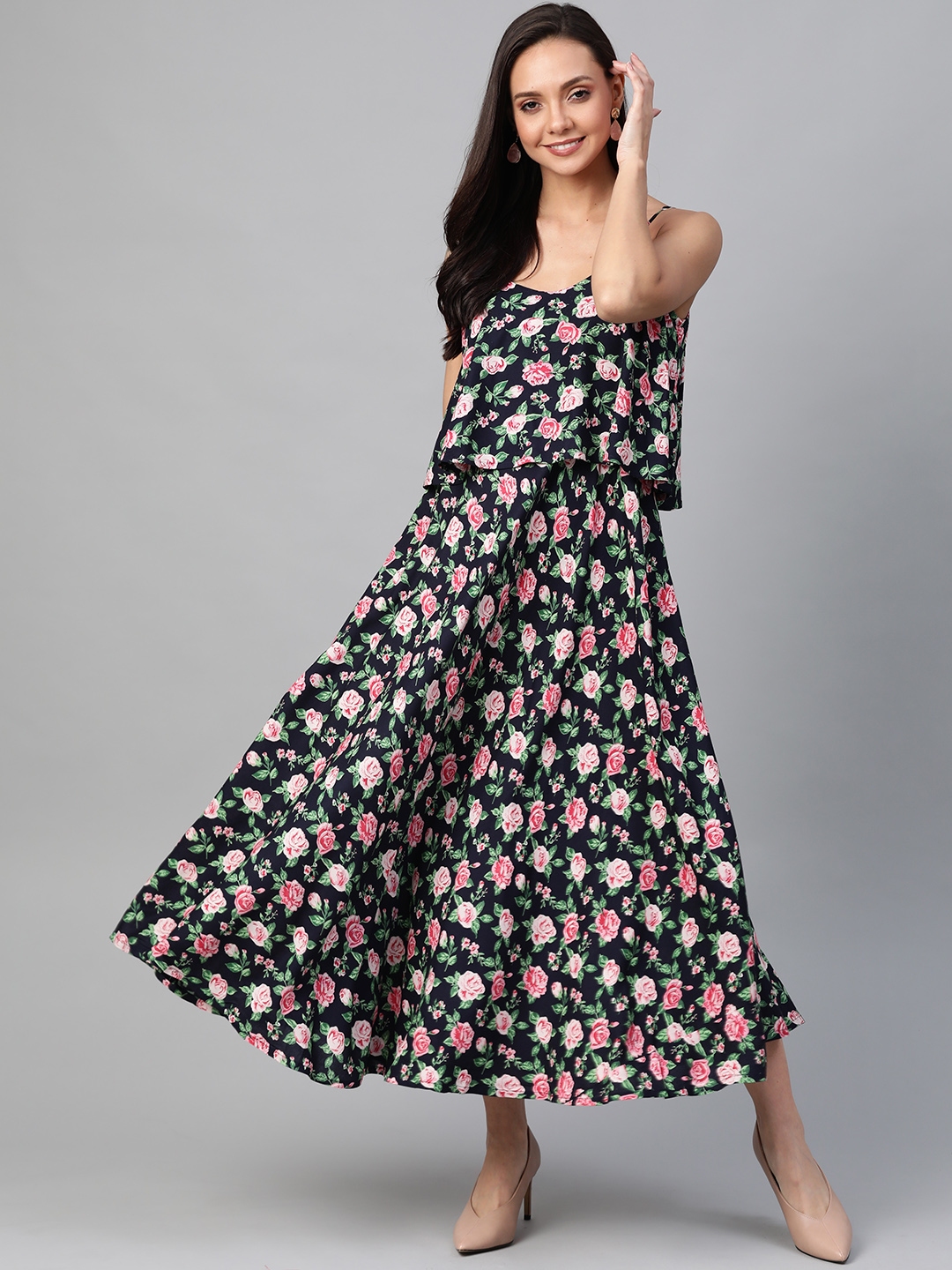 Buy Yash Gallery Women Navy Blue And Pink Floral Printed Maxi Dress Ethnic Dresses For Women 0805