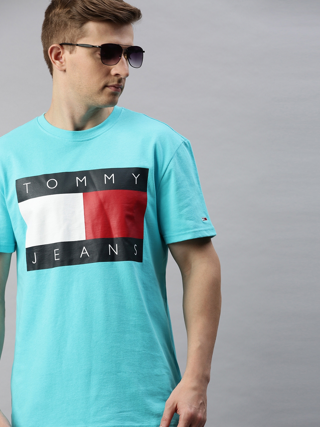 Buy Tommy Hilfiger Men Turquoise Blue Printed Round Neck T Shirt ...